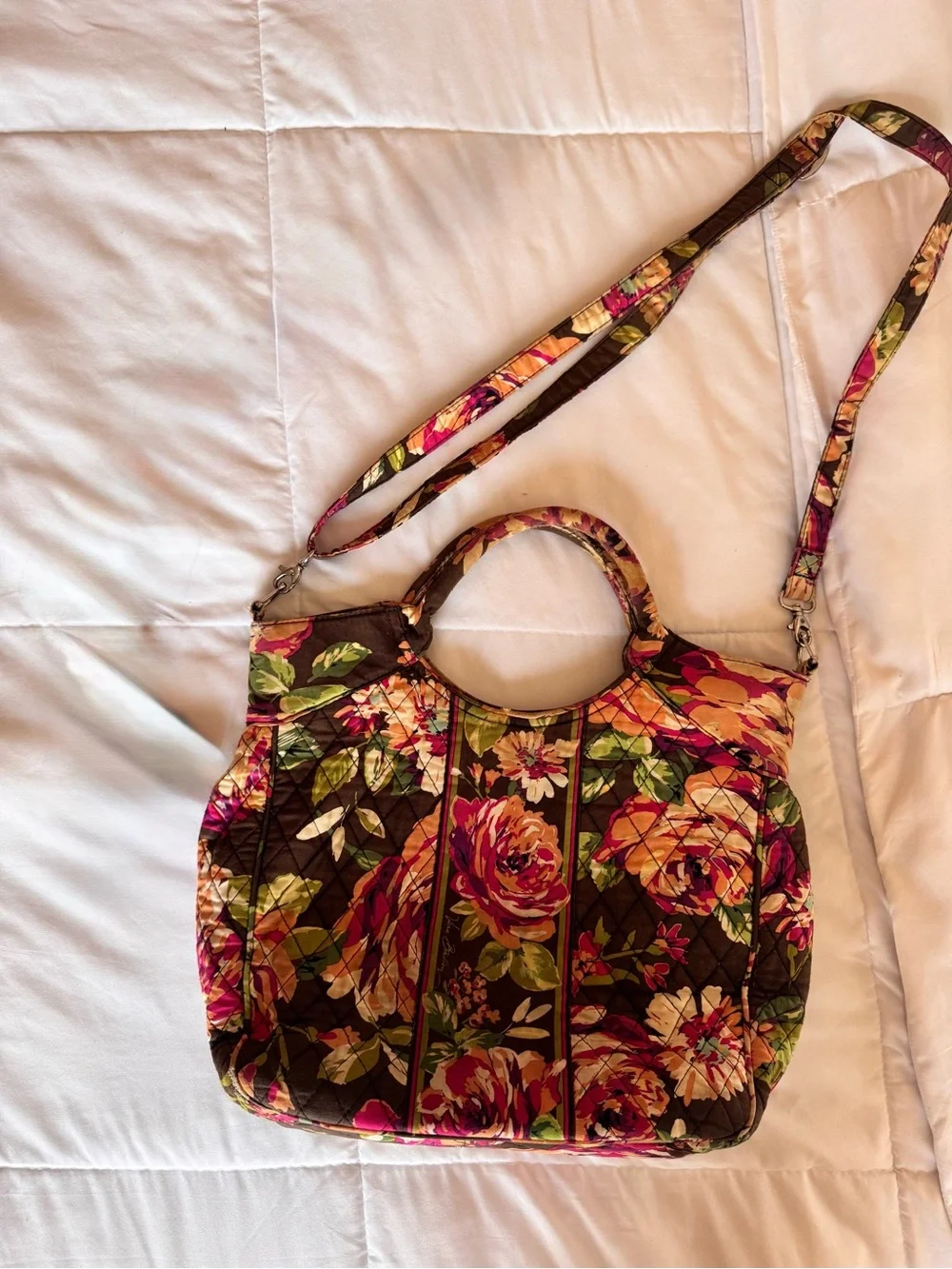 Vera Bradley Brown Quilted Floral Tote with Pink & Green Accents